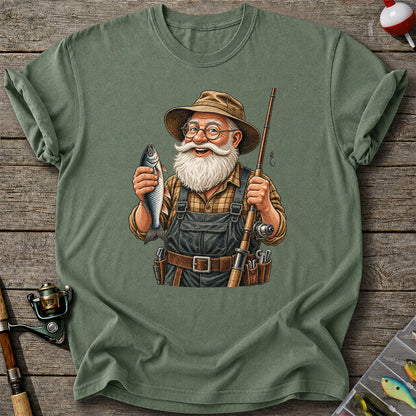 Bearded Angler Holding a Fish and Fishing Rod Graphic T-Shirt