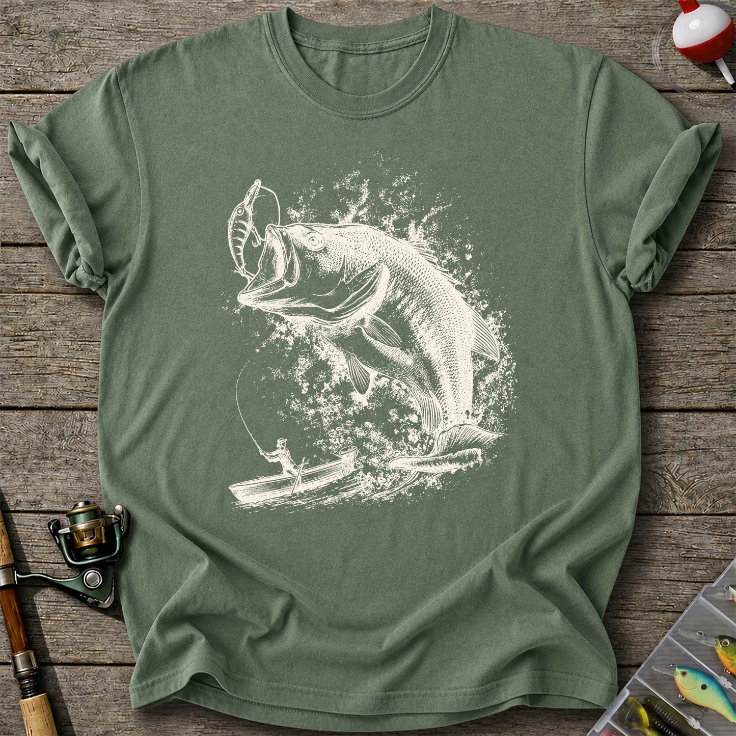 Largemouth Bass Striking Lure from Fishing Boat Graphic T-Shirt