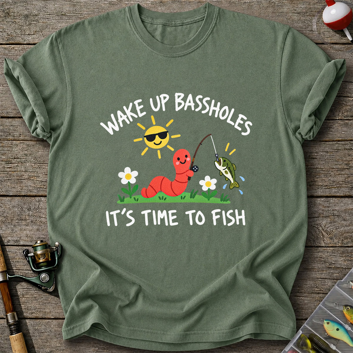 Wake Up Bassholes Funny Worm and Bass Fishing Graphic T-Shirt