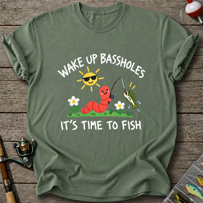 Wake Up Bassholes Funny Worm and Bass Fishing Graphic T-Shirt