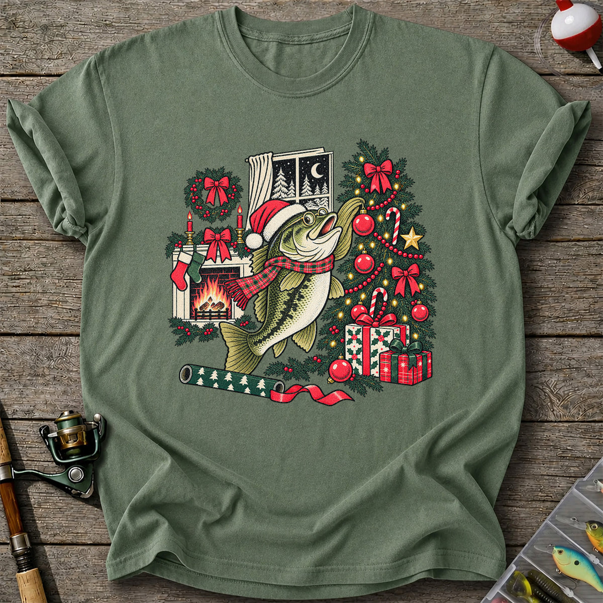 Christmas Bass Fishing Fireplace Tree Graphic T-Shirt