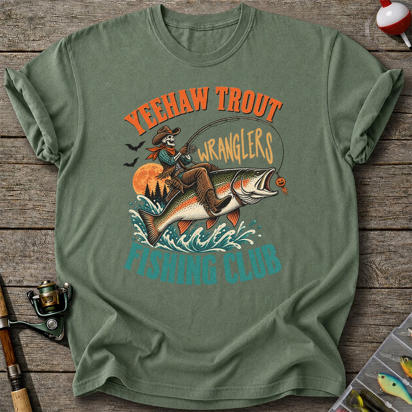 Yeehaw Trout Wranglers Fishing Club Cowboy Skeleton T-Shirt