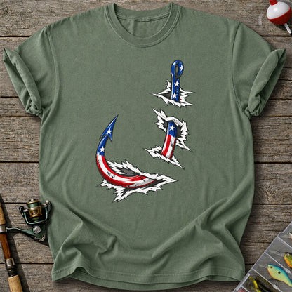 Patriotic American Flag Fishing Hooks Graphic T-Shirt