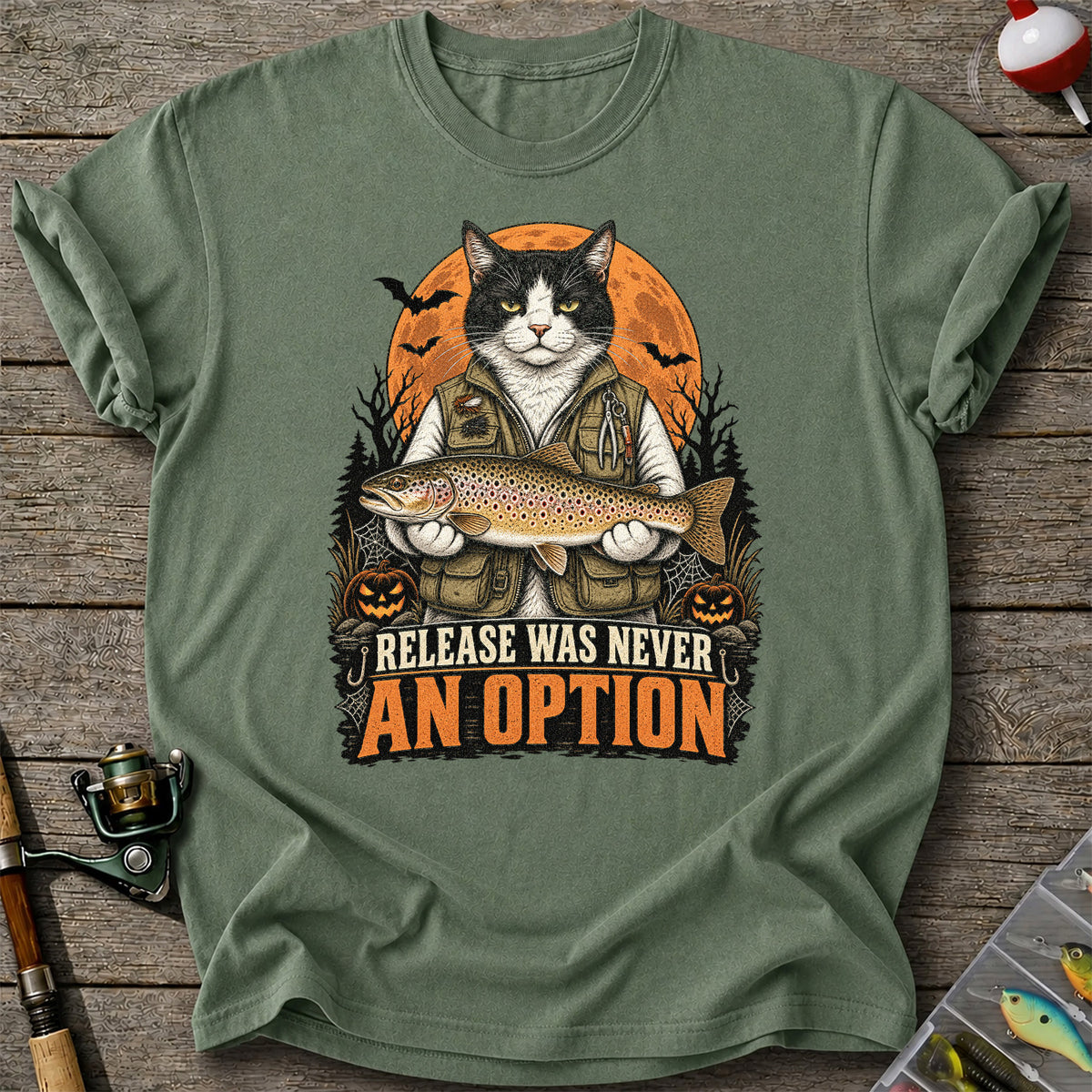 Release Was Never an Option Cat Holding Brown Trout Halloween Fishing T-Shirt