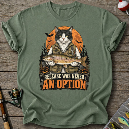 Release Was Never an Option Cat Holding Brown Trout Halloween Fishing T-Shirt