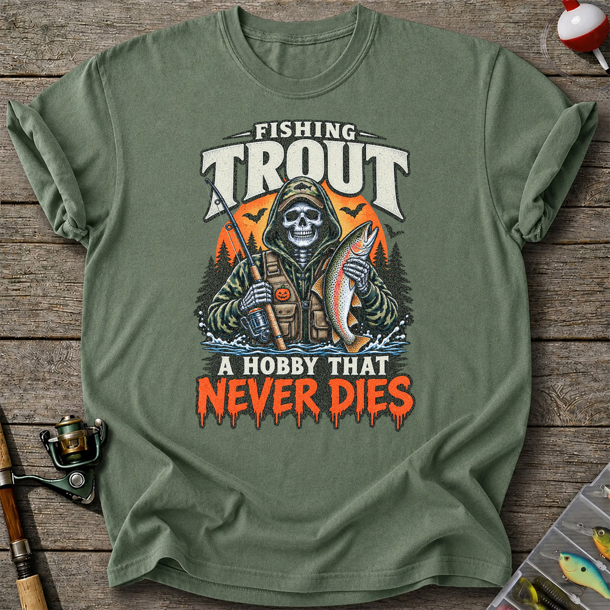 Fishing Trout A Hobby That Never Dies Skeleton Halloween T-Shirt