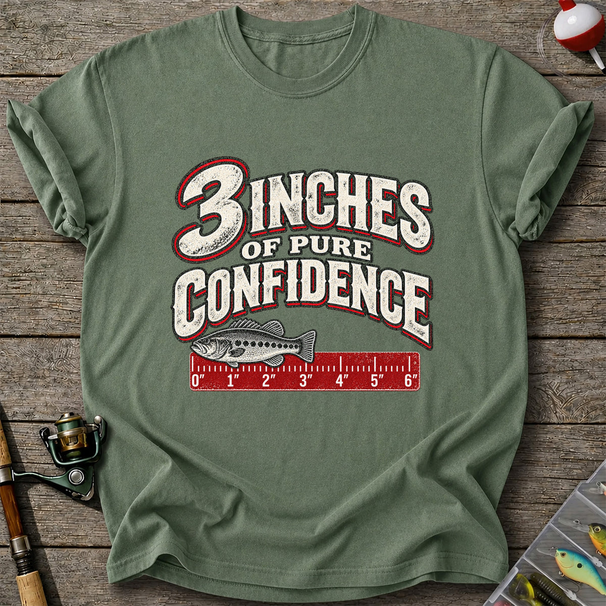 3 Inches of Pure Confidence Bass and Ruler Funny Fishing T-Shirt