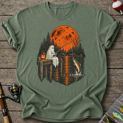 Ghost Fishing for Rainbow Trout Under an Orange Moon Halloween T-Shirt