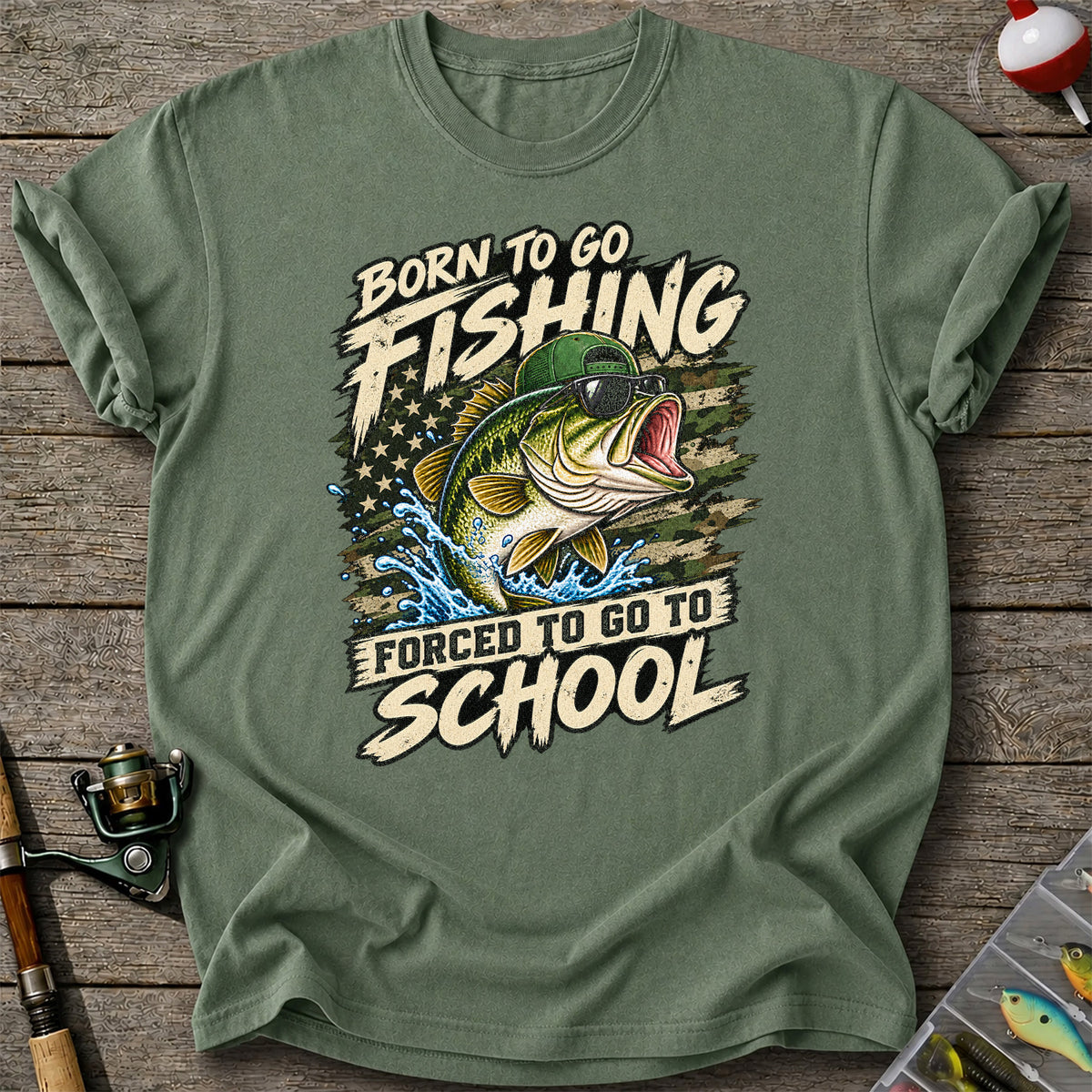 Born to Go Fishing Forced to Go to School Bass Graphic T-Shirt