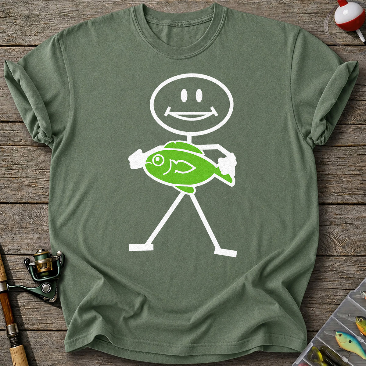 Happy Stick Figure Holding a Green Fish Graphic T-Shirt