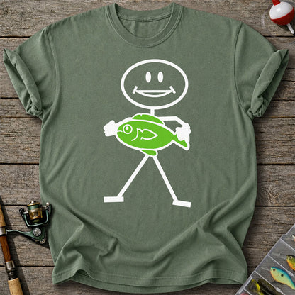 Happy Stick Figure Holding a Green Fish Graphic T-Shirt