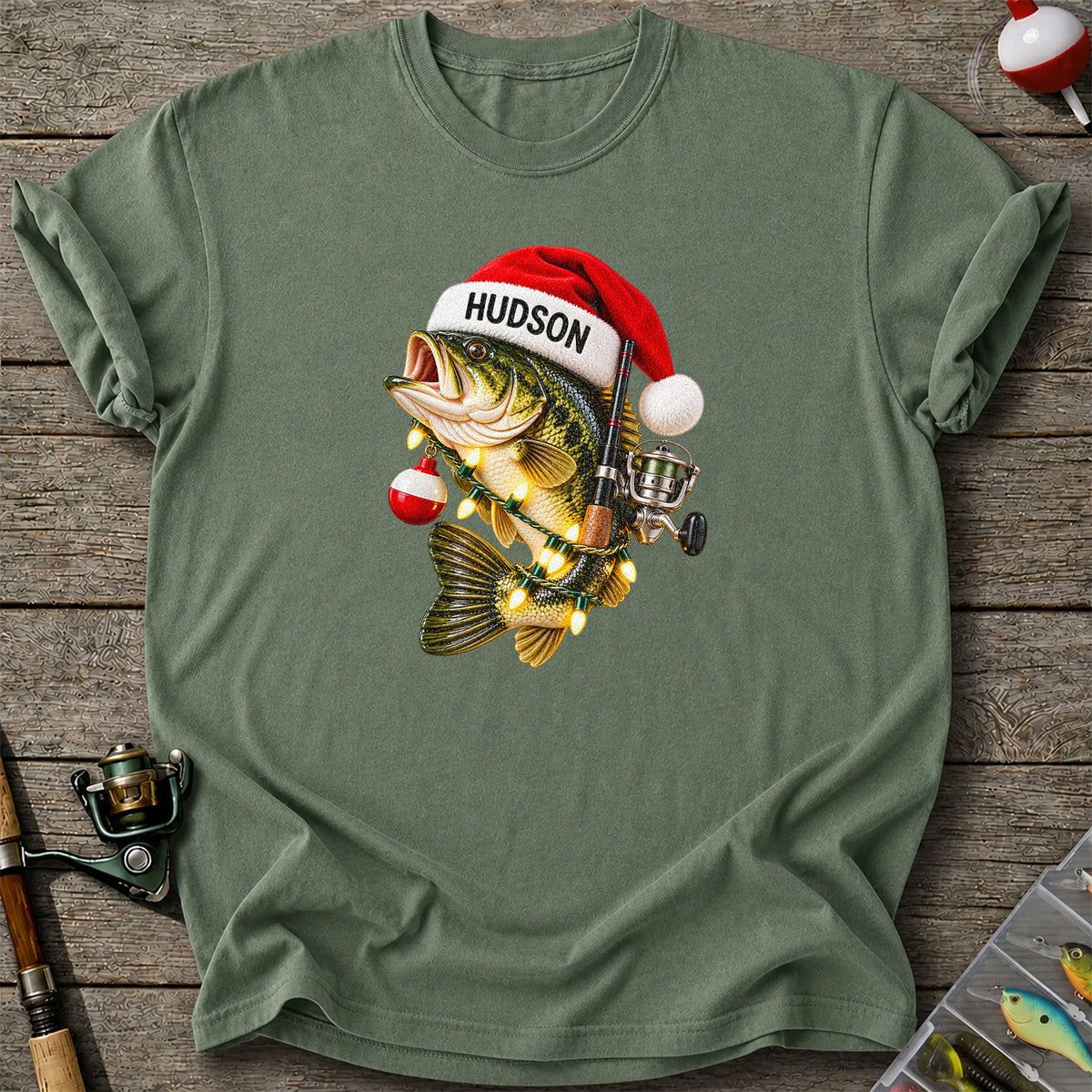 Hudson Santa Hat Bass Christmas Fishing Graphic T-Shirt