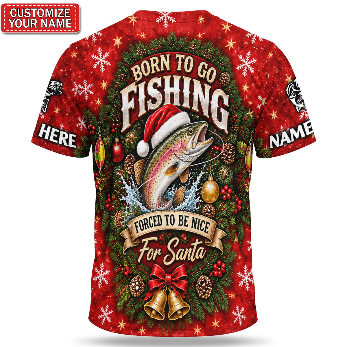 Personalized Christmas Fishing T-Shirt With Trout and Fishing Tackle