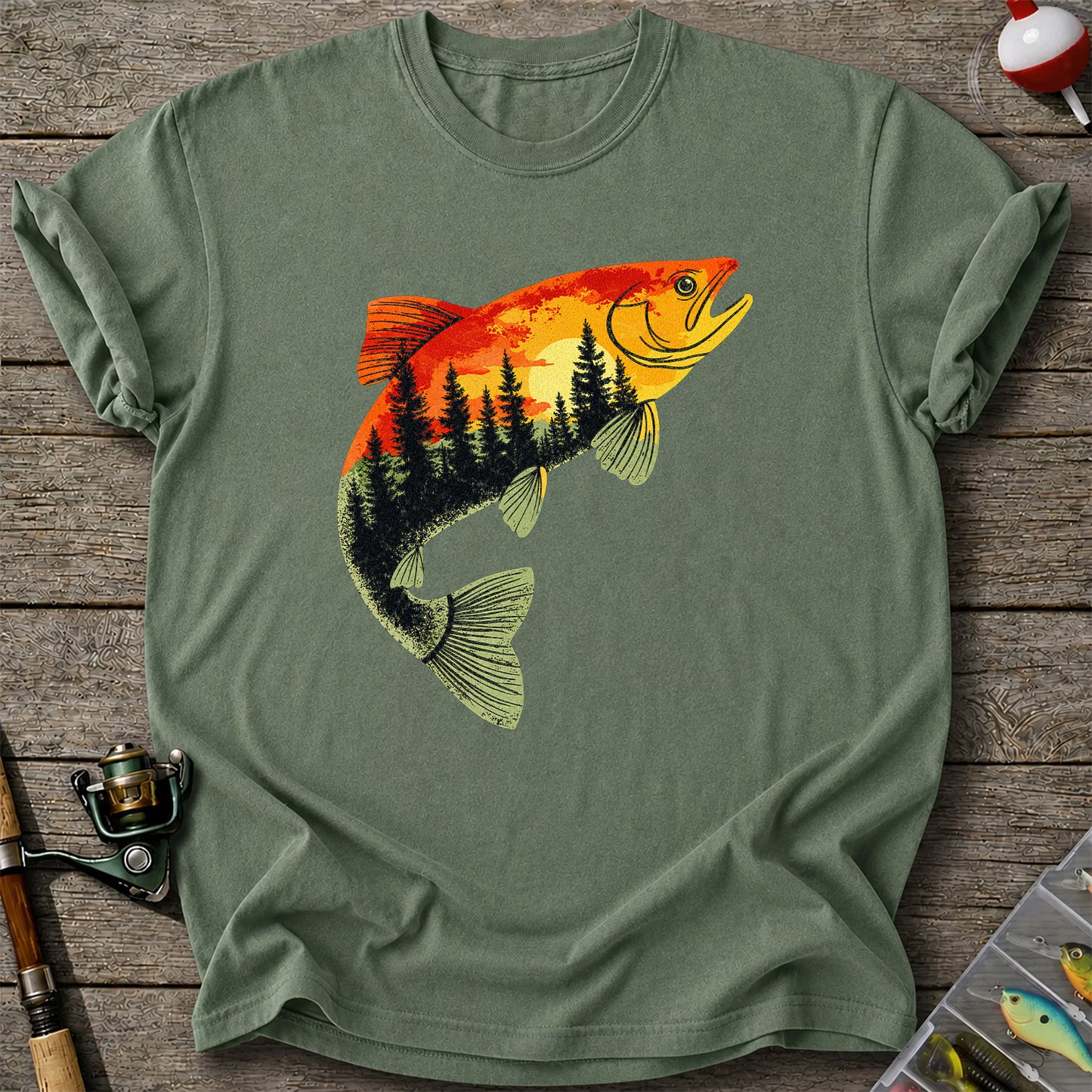 Sunset Forest Trout Fishing Graphic T-Shirt