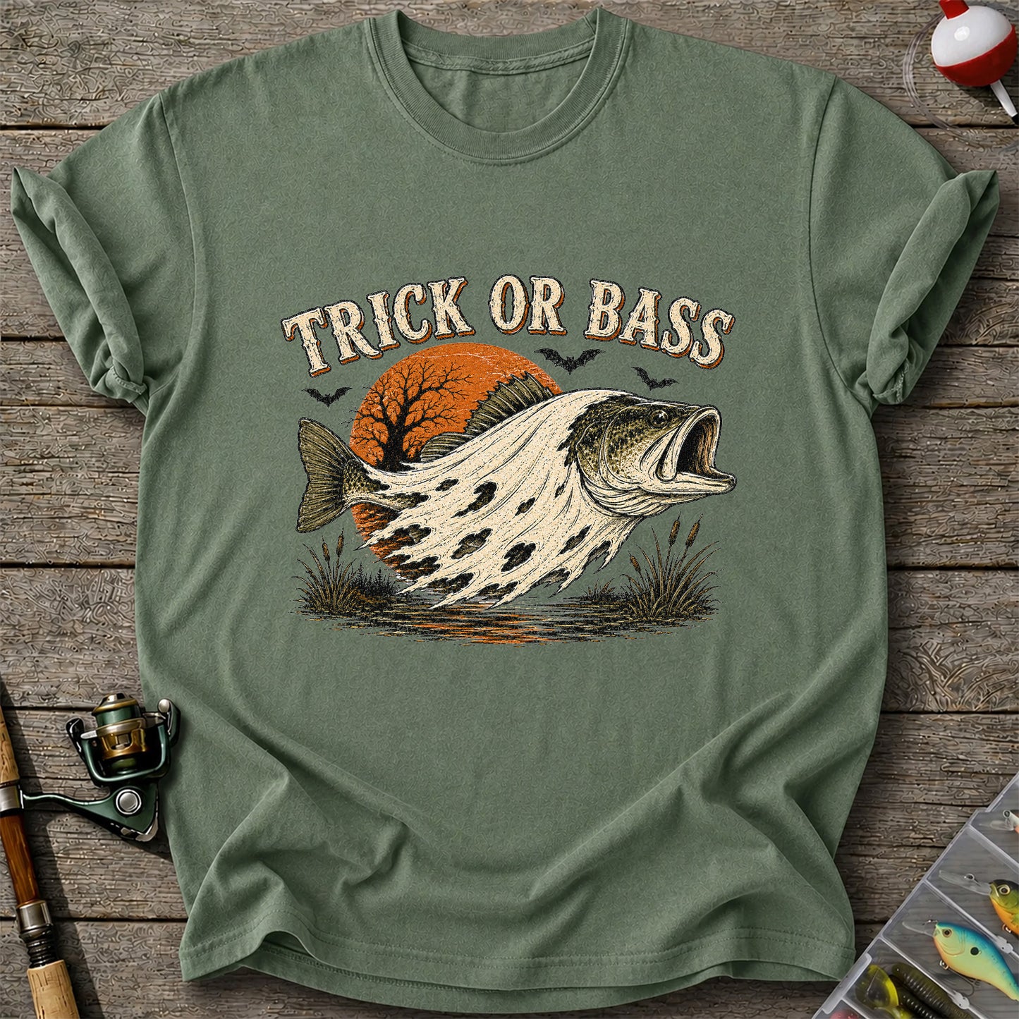 Trick or Bass Boo Halloween Fishing T-Shirt, Vintage Trout Angler Tee