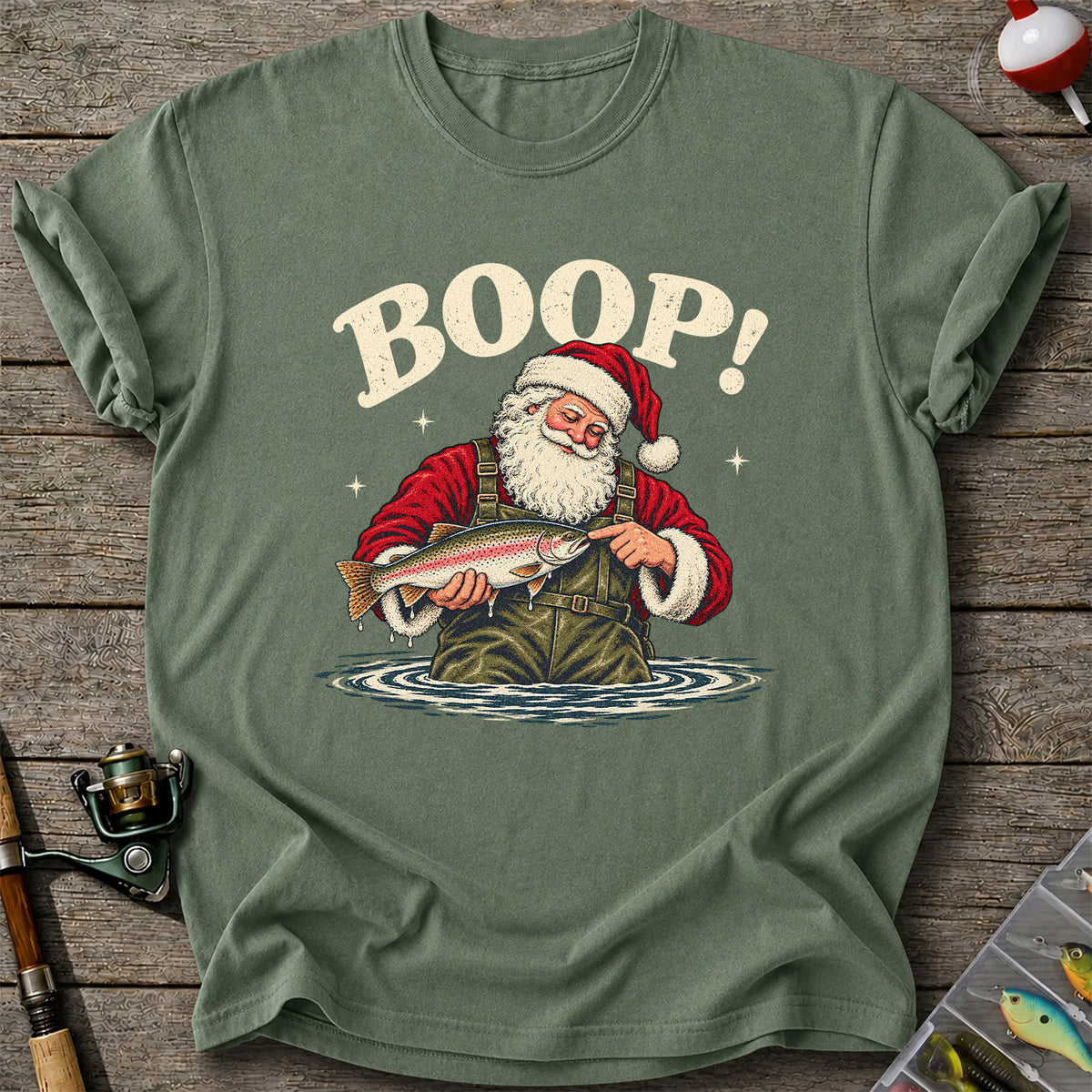 Boop Santa Holding Trout Funny Christmas Fishing T-Shirt