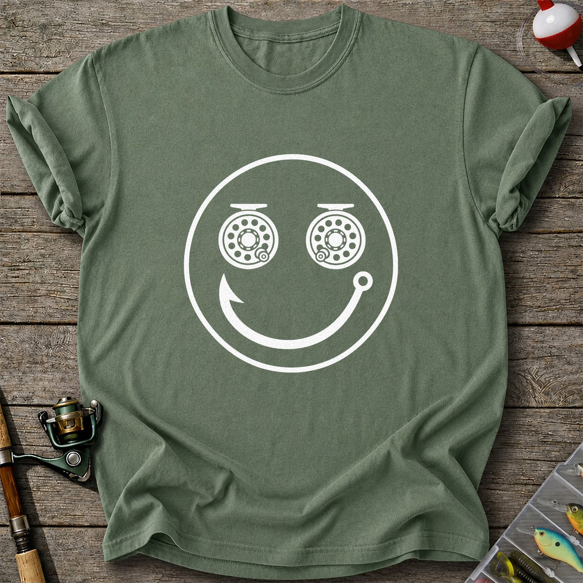 Fishing Reel Eyes Smiley Face Minimalist Graphic T-Shirt