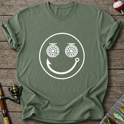 Fishing Reel Eyes Smiley Face Minimalist Graphic T-Shirt