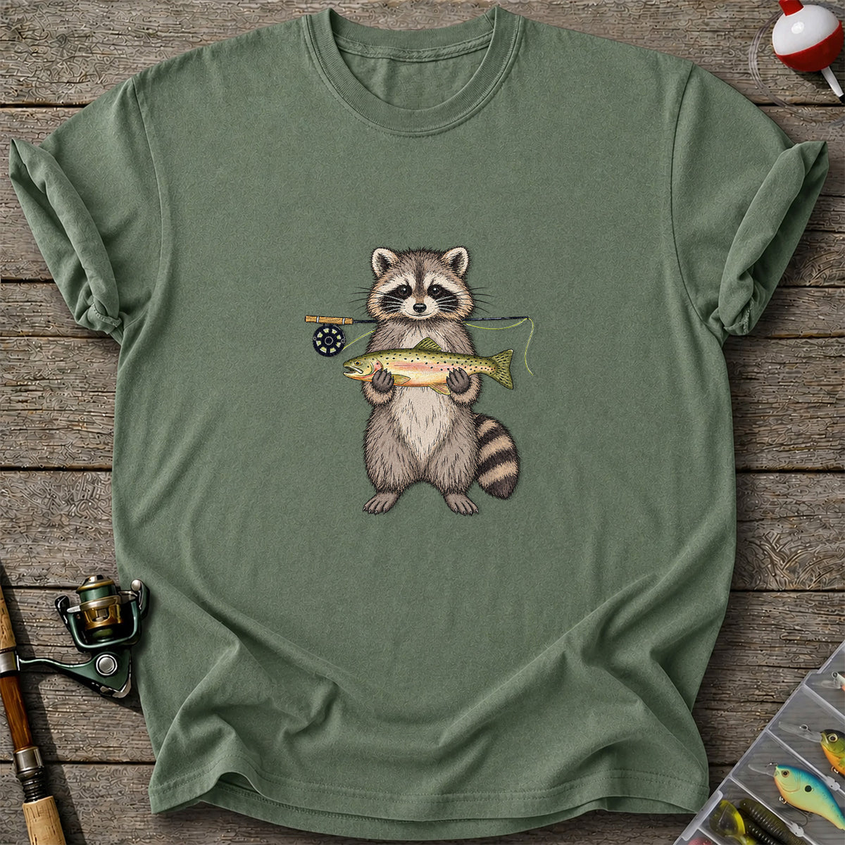 Cute Raccoon Holding Rainbow Trout Fly Fishing Graphic T-Shirt