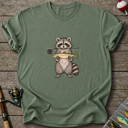 Cute Raccoon Holding Rainbow Trout Fly Fishing Graphic T-Shirt
