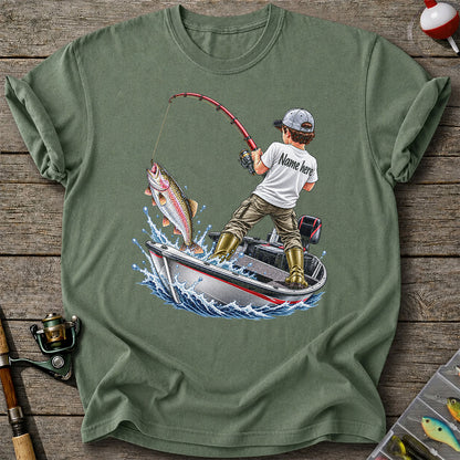 Personalized Boy Fishing Boat and Rainbow Trout Graphic T-Shirt