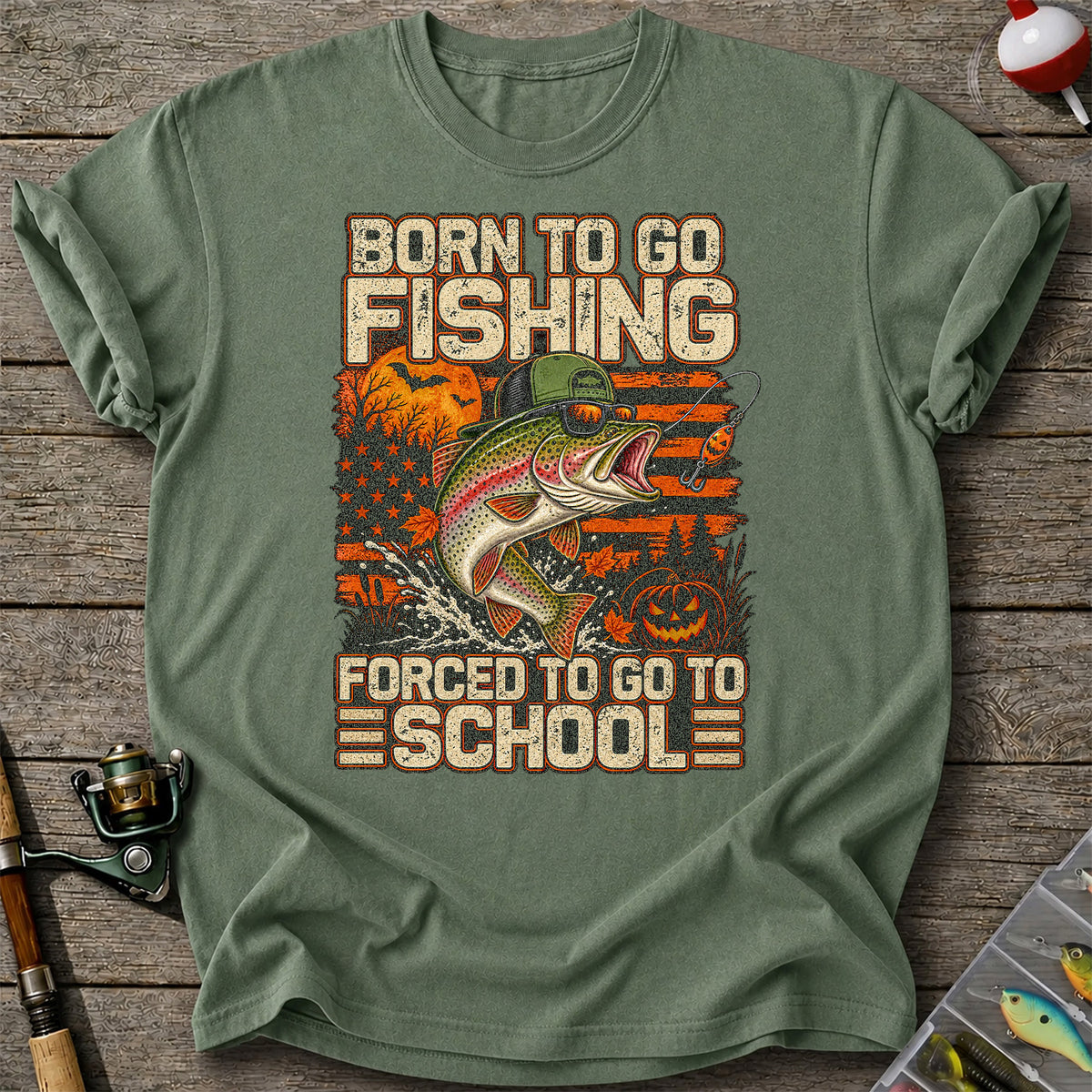 Born to Go Fishing Forced to Go to School Halloween Rainbow Trout T-Shirt