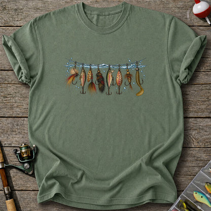 Vintage Fishing Lures Hanging from a Waterline Graphic T-Shirt