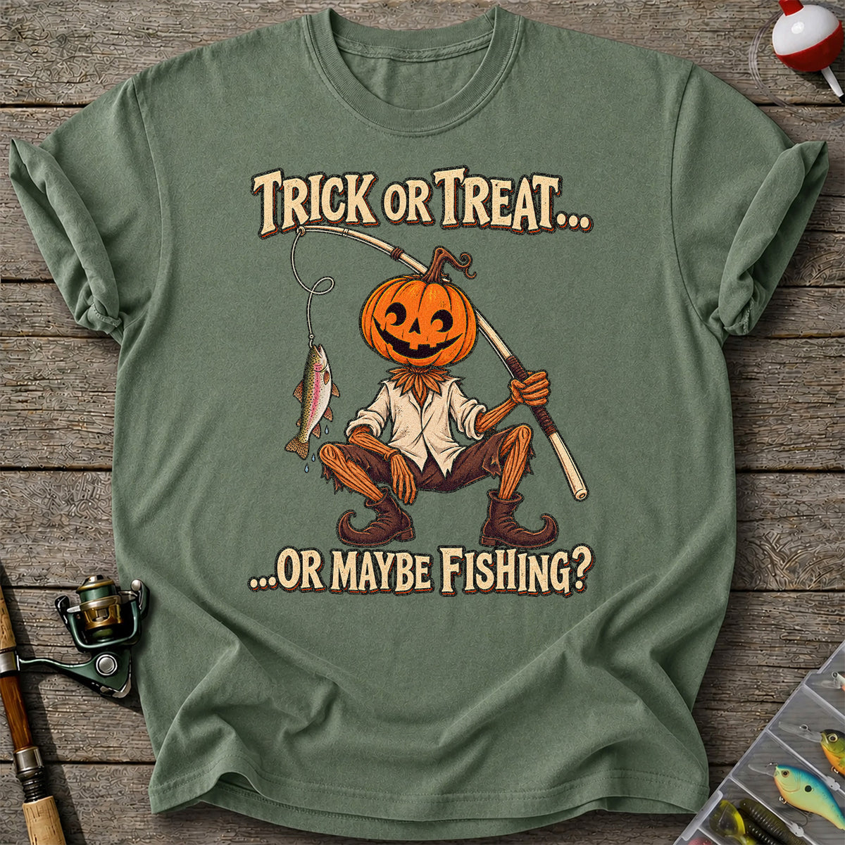 Trick or Treat Or Maybe Fishing Pumpkin Angler with Trout Halloween T-Shirt