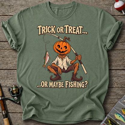 Trick or Treat Or Maybe Fishing Pumpkin Angler with Trout Halloween T-Shirt