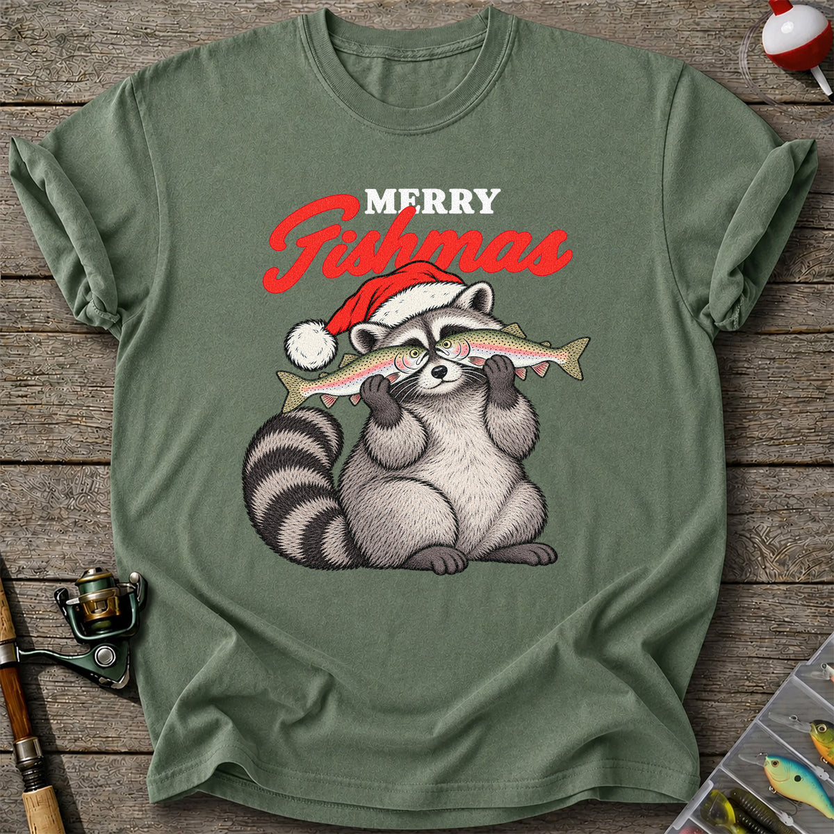 Santa Raccoon Holding Fish Christmas Fishing Graphic T-Shirt