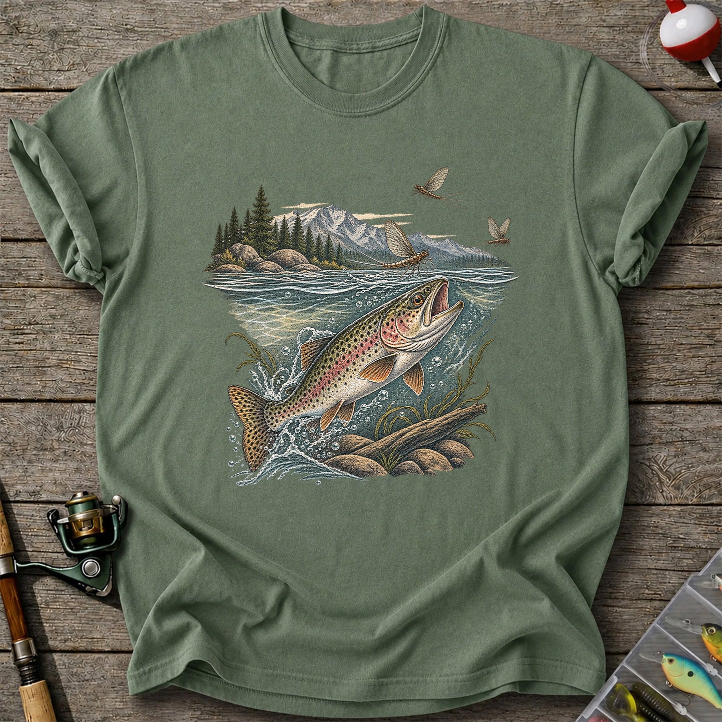 Mountain River Rainbow Trout Fly Fishing Graphic T-Shirt