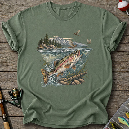 Mountain River Rainbow Trout Fly Fishing Graphic T-Shirt