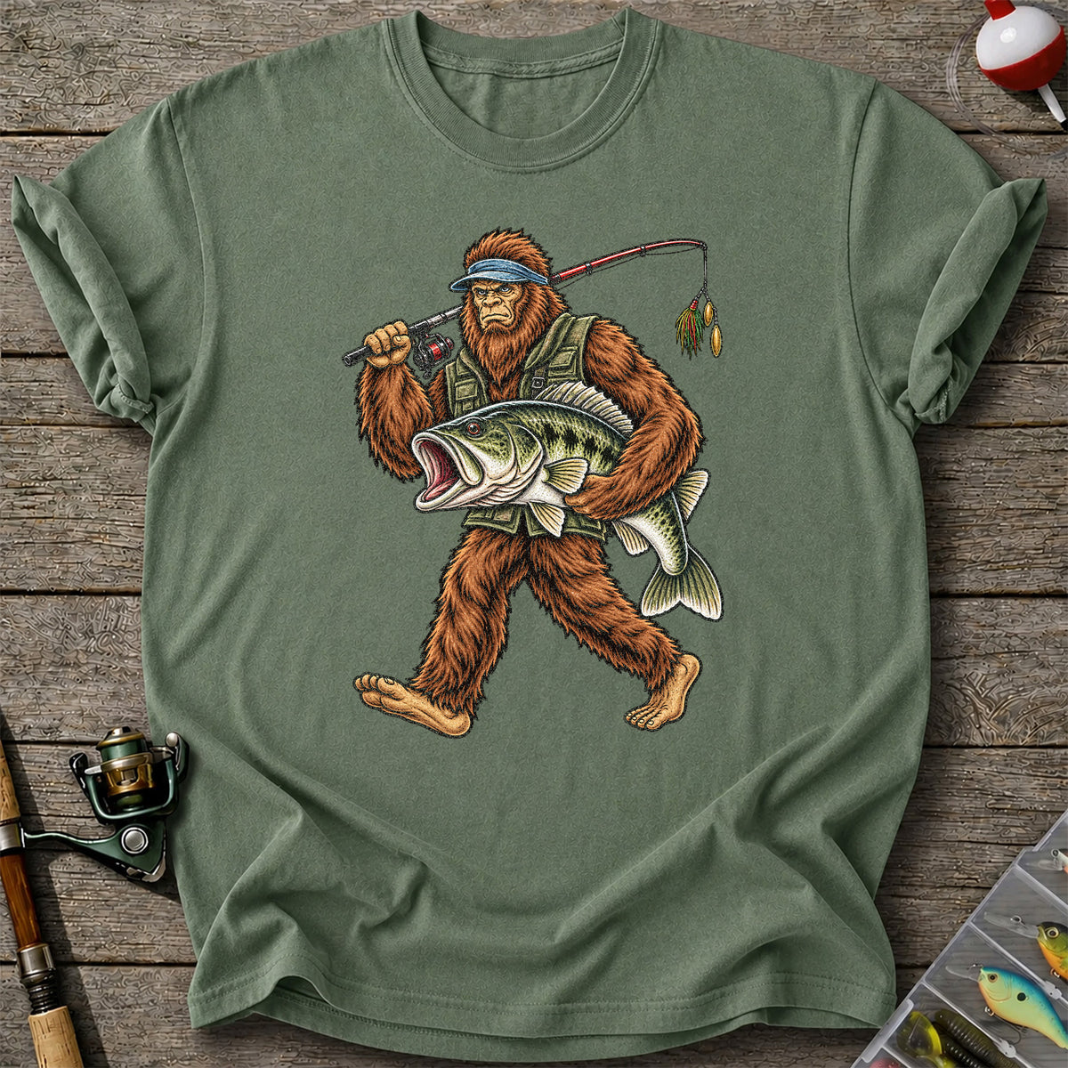 Bigfoot Holding a Largemouth Bass Fishing Graphic T-Shirt