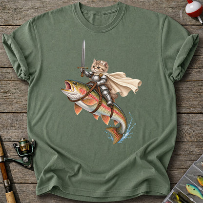 Cat Knight Riding a Rainbow Trout Fishing Graphic T-Shirt