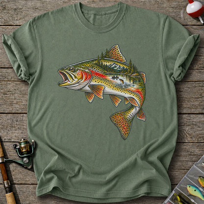 Rainbow Trout Mountain Lake Fishing Scene Graphic T-Shirt