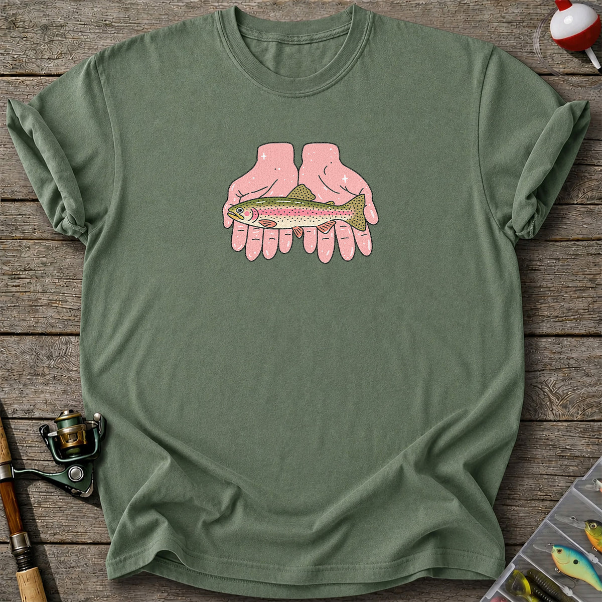 Rainbow Trout Held in Pink Hands Fishing Graphic T-Shirt