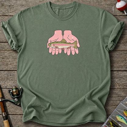 Rainbow Trout Held in Pink Hands Fishing Graphic T-Shirt