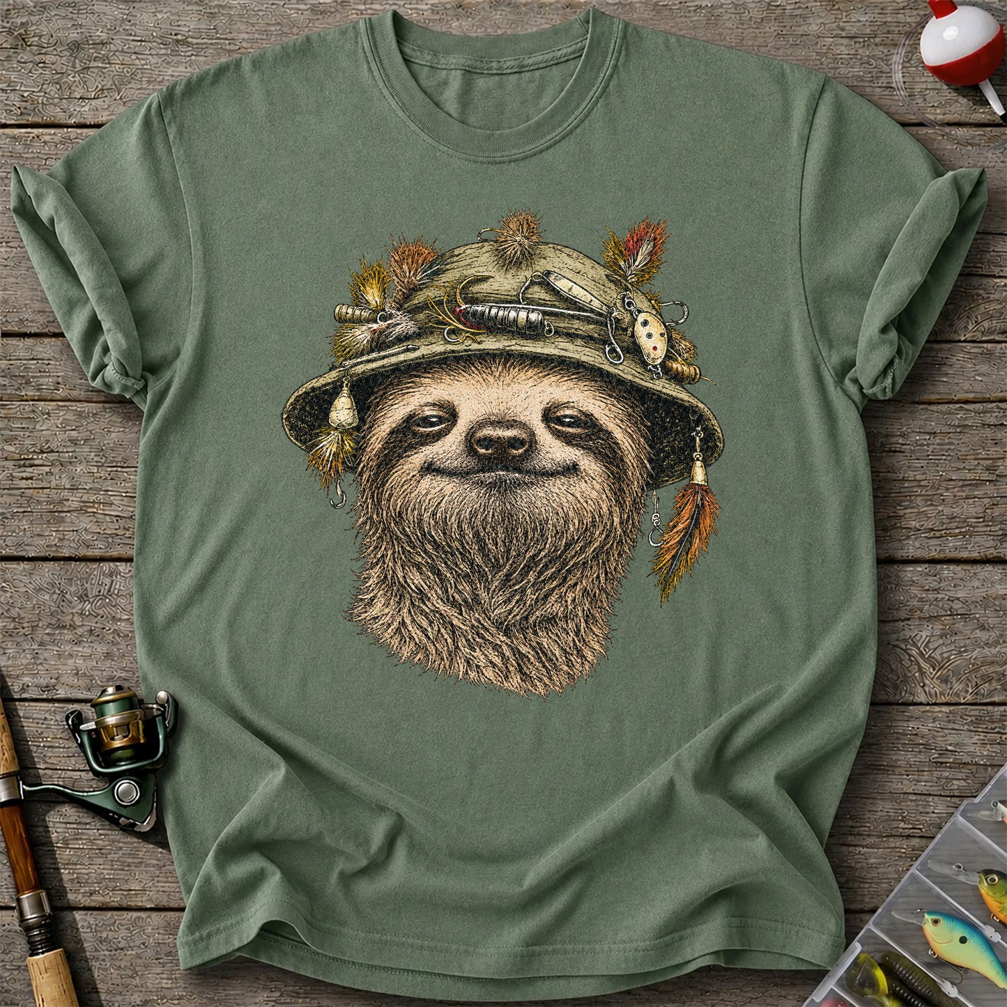 Sloth Wearing a Fishing Lure Hat Hand-Drawn Graphic T-Shirt