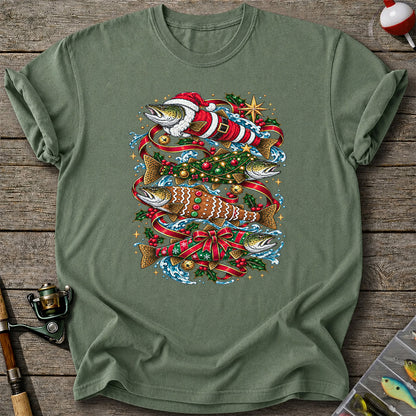 Santa and Gingerbread Trout Christmas Fishing Graphic T-Shirt