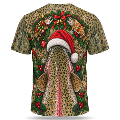 Santa Rainbow Trout and Christmas Ornaments 3D Fishing T-Shirt