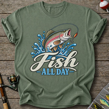 Fish All Day Jumping Rainbow Trout Fishing Graphic T-Shirt
