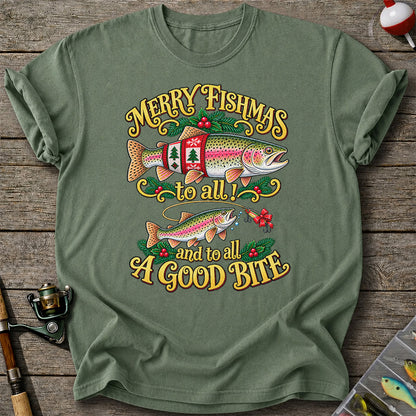 Merry Fishmas to All and to All a Good Bite Rainbow Trout Christmas Fishing T-Shirt