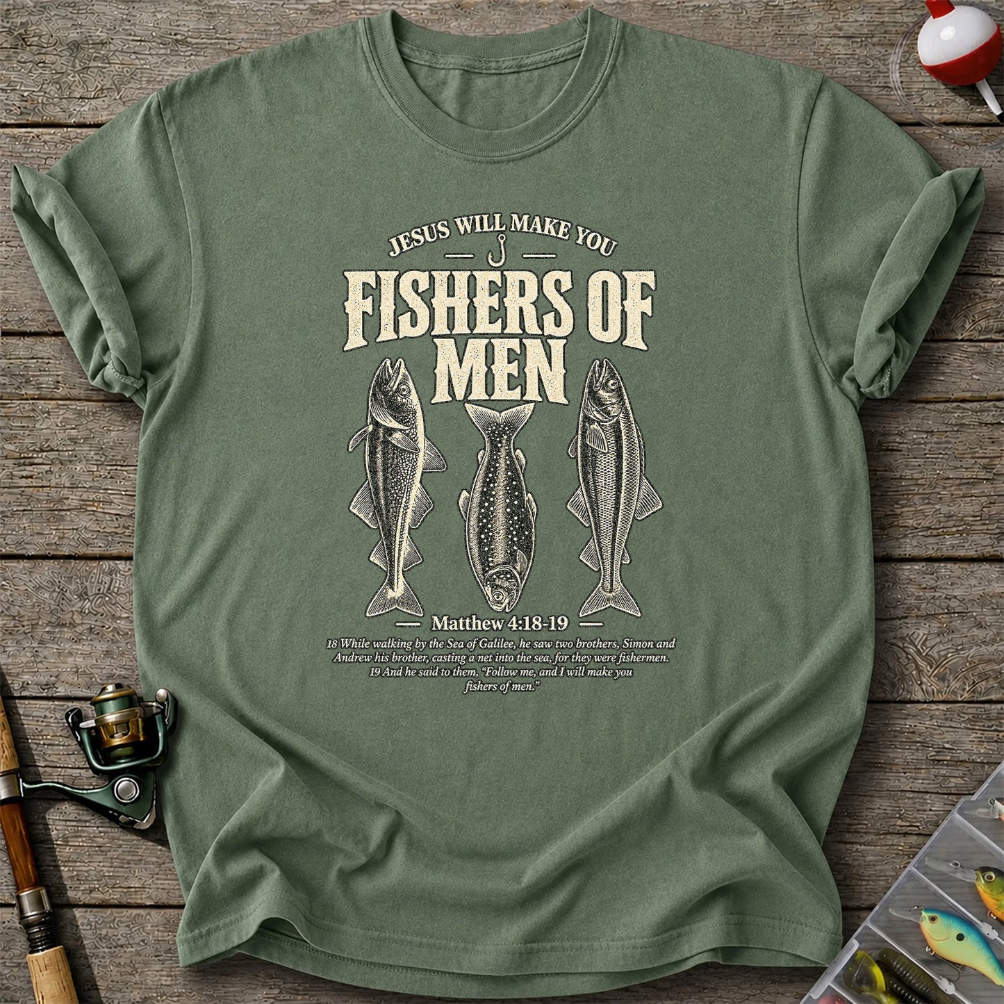 Jesus Will Make You Fishers of Men Matthew 4:18-19 Vintage Fish Graphic T-Shirt