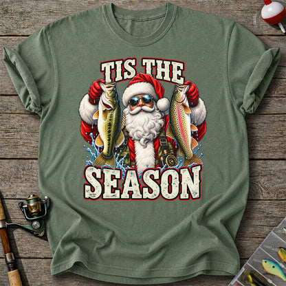Tis the Season Santa Holding Bass and Rainbow Trout Christmas Fishing T-Shirt