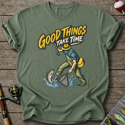 Good Things Take Time Rainbow Trout Fly Fishing Graphic T-Shirt
