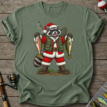 Santa Raccoon Holding Trout and Bass Christmas Fishing T-Shirt