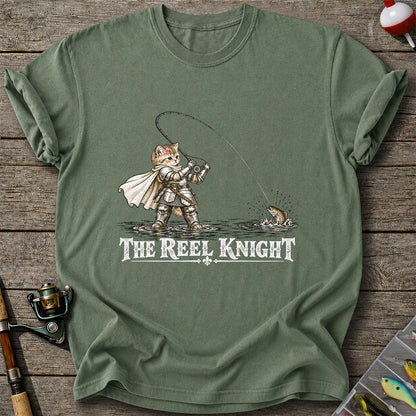 The Reel Knight Cat in Armor Funny Fishing Graphic T-Shirt