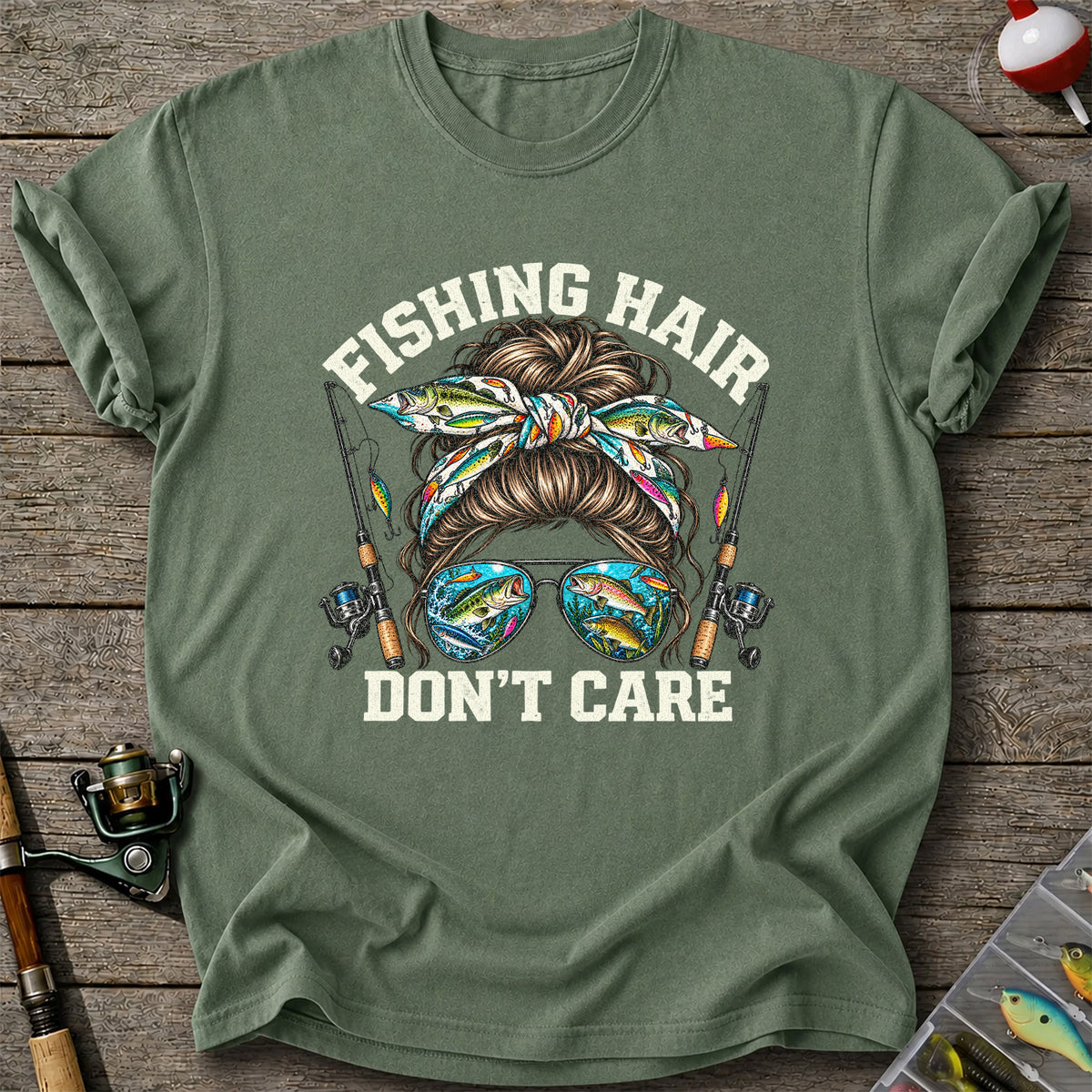 Fishing Hair Don't Care Messy Bun and Sunglasses T-Shirt