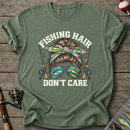 Fishing Hair Don't Care Messy Bun and Sunglasses T-Shirt