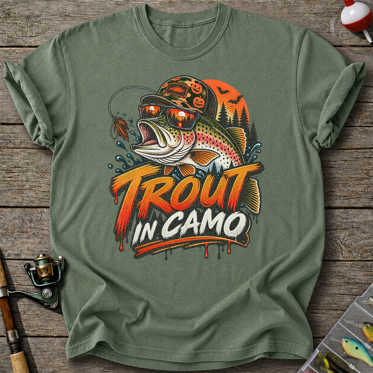 Trout in Camo Halloween Rainbow Trout Fishing Graphic T-Shirt